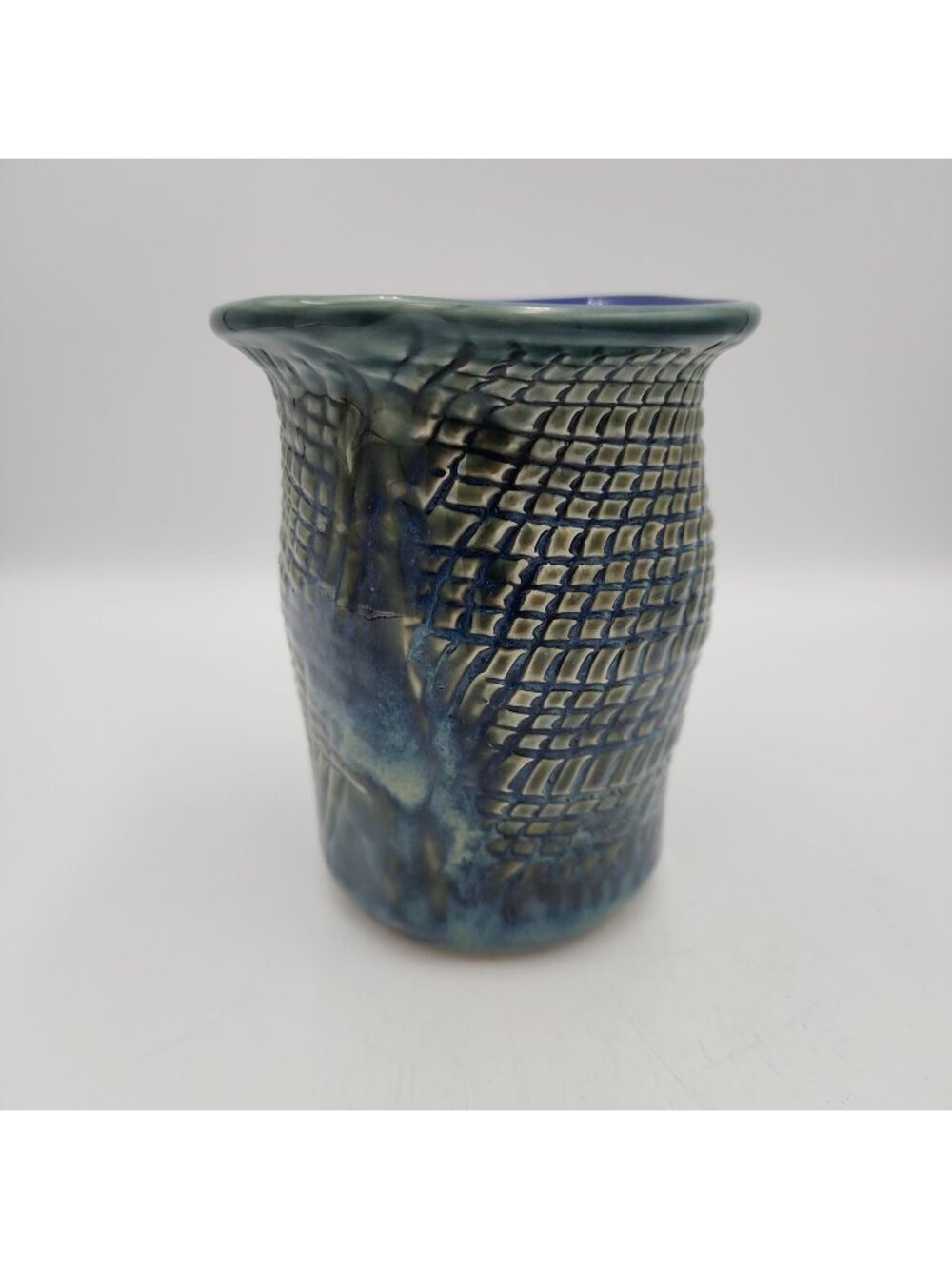 Handmade Ceramic Kuddish Cup Blue Textured Shabbat Wine Goblet 5.5" Artist JA